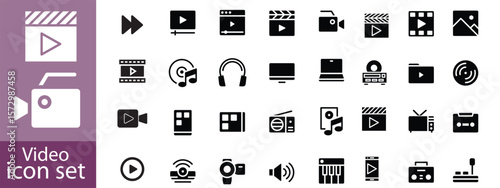 Video icon set. Containing camera, play, pause, media, online video, live, production, player, movie and cinema icons. Solid icon collection.