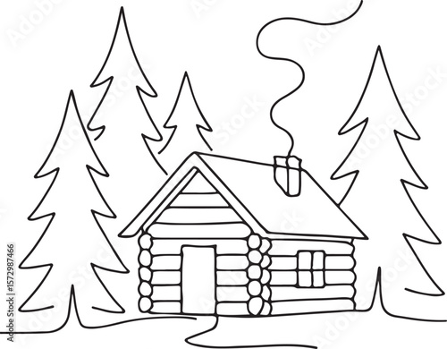Simple Cabin in the Woods Line Art for Rustic Outdoor Themes