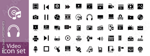 Video icon set. Containing camera, play, pause, media, online video, live, production, player, movie and cinema icons. Solid icon collection.