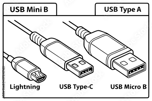 "A schematic line drawing of five different connector types—Lightning, USB Type-C, USB Micro B, USB Mini B, and USB Type A—arranged horizontally in a single row. Each connector is drawn in simple blac