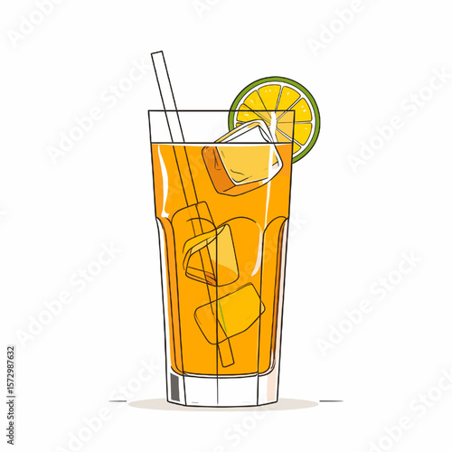 Tall Glass of Refreshing Orange Drink with Ice Cubes and Lemon Slice Against a Clean White Background
