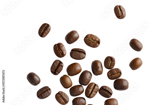 Scattered roasted coffee beans isolated on transparent background
