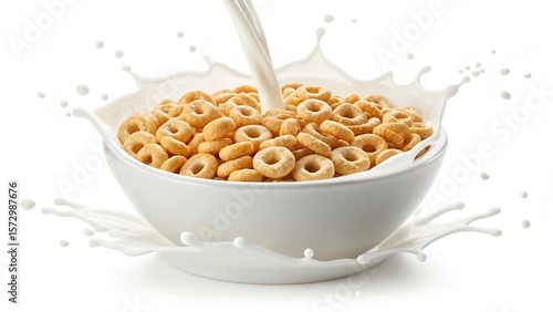 Milk Splashing into Bowl of Honey-Grahams Cereal: Fresh, Delicious Breakfast Image