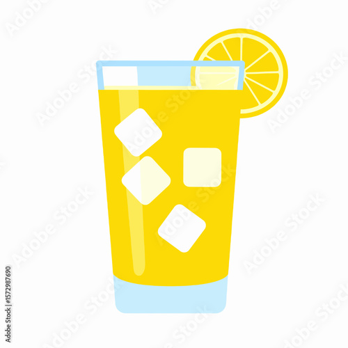 Tall Glass of Refreshing Yellow Lemonade with Ice Cubes and Lemon Slice on Top on a White Background