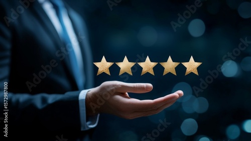 A businessperson in a suit holds a glowing five-star rating, symbolizing excellence and high-quality service in a professional setting.