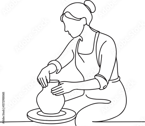 Female Pottery Artist Working Line Drawing for Craft and Handmade Themes