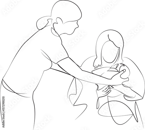 One continuous line drawing on white isolated background. Minimalism linear illustration. mother, baby - human age, newborn, nurse, doctor, newborn in arms, childbirth, hospital