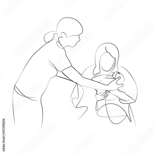 One continuous line drawing on white isolated background. Minimalism linear illustration. mother, baby - human age, newborn, nurse, doctor, newborn in arms, childbirth, hospital