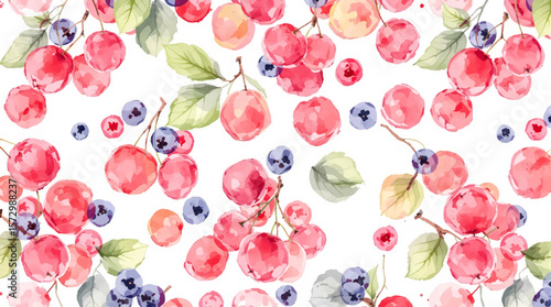 Bright red cherries with soft green leaves in a seamless watercolor style, evoking warmth, freshness, and a cheerful natural aesthetic