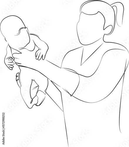 One continuous line drawing on white isolated background. Minimalism linear illustration. doctor, care, newborn, childbirth, hospital, doctor, newborn in arms