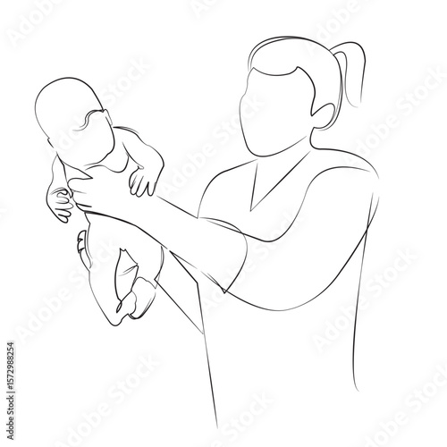 One continuous line drawing on white isolated background. Minimalism linear illustration. doctor, care, newborn, childbirth, hospital, doctor, newborn in arms