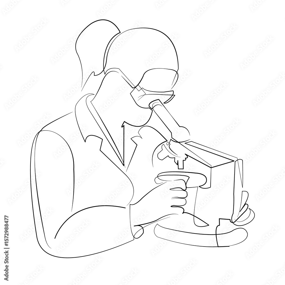 One continuous line drawing on white isolated background. Minimalism linear illustration. laboratory, microscope, science, scientist, adult, research, woman, chemistry, biotechnology One continuous line drawing on white isolated background. Minimalism linear illustration. laboratory, microscope, science, scientist, adult, research, woman, chemistry, biotechnology