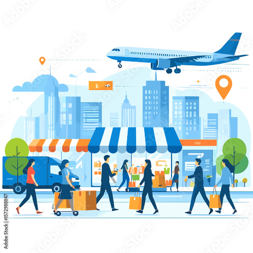 Vibrant Cityscape with Airplane Flying Over Busy Pedestrian Street and Blue Delivery Truck in Vector Illustration