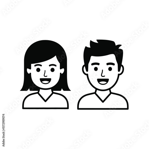 Stylized black and white iconographic representation of a smiling man and woman