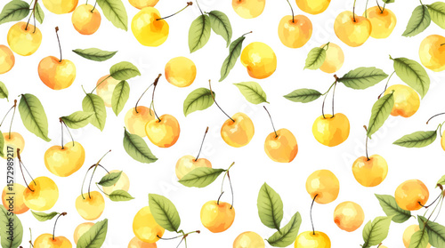 Watercolor yellow cherries on white background seamless vector pattern
