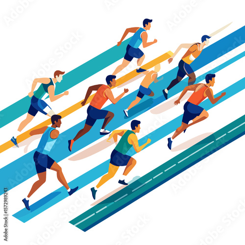 Vibrant Illustration of Diverse Runners Sprinting Diagonally on a White Background Featuring Stripes in Blue Yellow and Green Tones