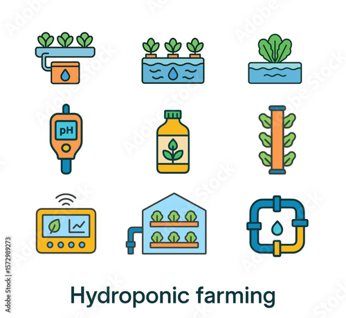 Hydroponic farming icon set. Smart agriculture and soilless plant growing system.