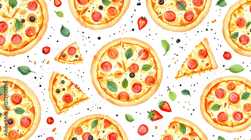 Seamless watercolor pattern featuring isolated pizza slices on a clean white background ideal for fast food and Italian cuisine designs