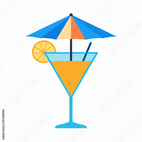 Vibrant Orange Cocktail with Blue Umbrella Graphic on White Background Represents Summer Vacation Holiday and Refreshment