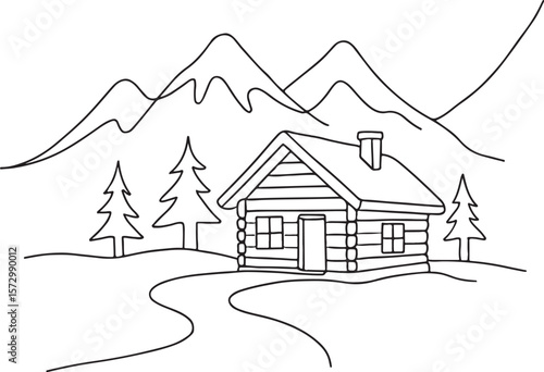 Wooden Cabin in Mountain Line Drawing for Nature and Travel Concepts