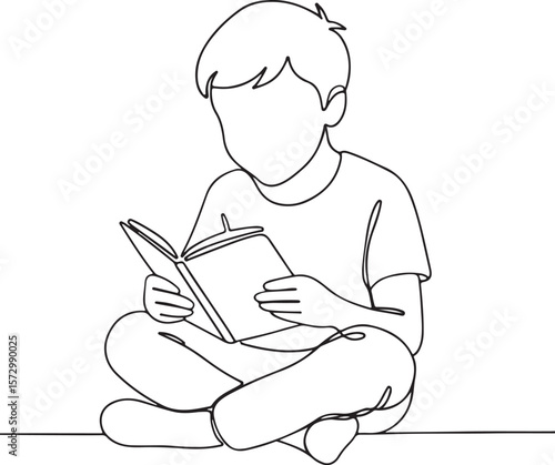 Boy Sitting Reading a Book Line Drawing for Education and Leisure Themes