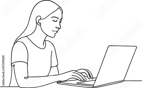 Young Woman Using Laptop Line Art for Remote Work and Digital Life