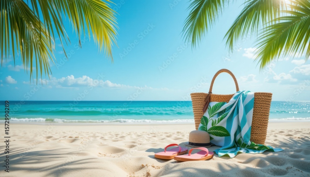 Obraz premium Sunny beach scene with white sand, flip flops and a straw hat. A towel with a green leaf lies on the bag, turquoise ocean and clear blue sky with clouds.
