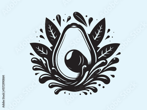 Avocado half with juicy elements and clean green leaf touch on light background