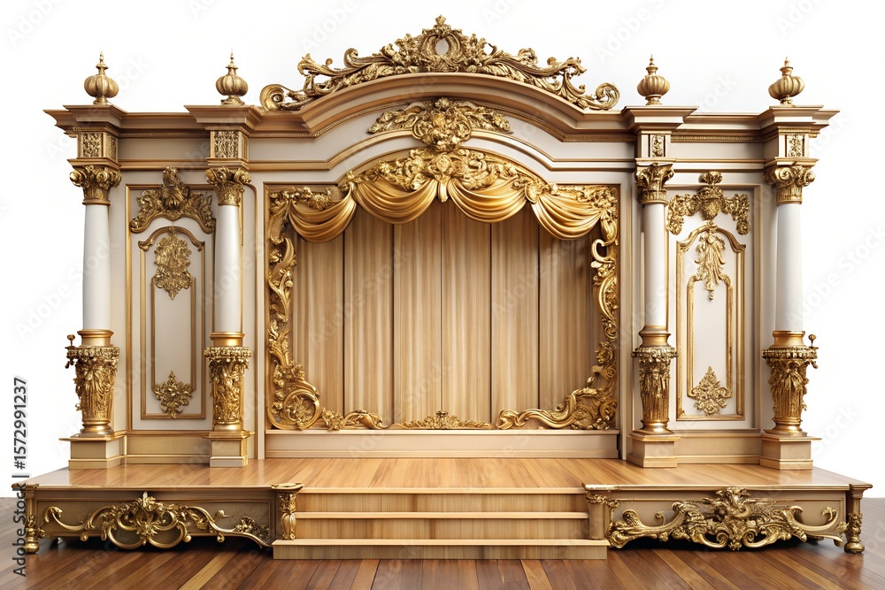 Naklejka premium Baroque Wooden Stage with Gold Leaf on White Background
