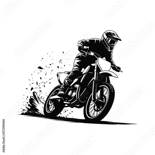 Dirt bike rider in action kicking up dirt and dust with a dynamic pose