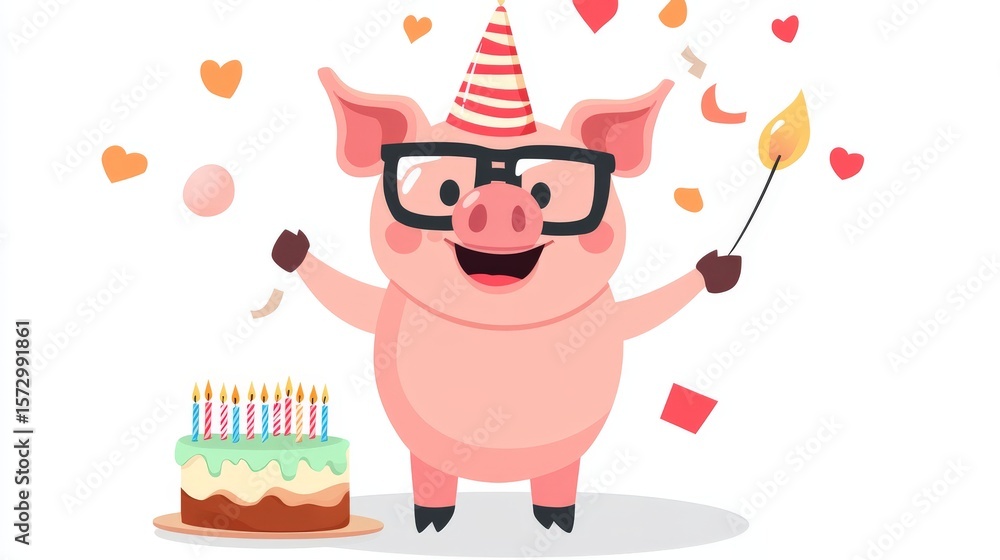 Naklejka premium illustration pig with cake and candles