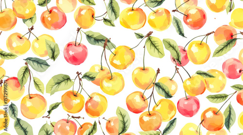 Watercolor yellow cherries on white background seamless vector pattern