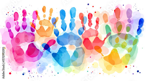 A colorful abstract illustration of painted handprints on a white background representing creativity, teamwork, and fun