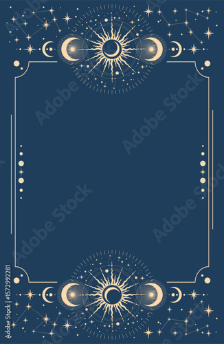 Celestial magical background for astrology, tarot. Blue postcard with a frame in a bohemian design, stars, copy space. Magic vector illustration