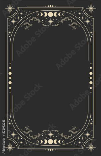 Celestial magical background for astrology, tarot. Black postcard with a frame in a bohemian design, stars, copy space. Magic vector illustration