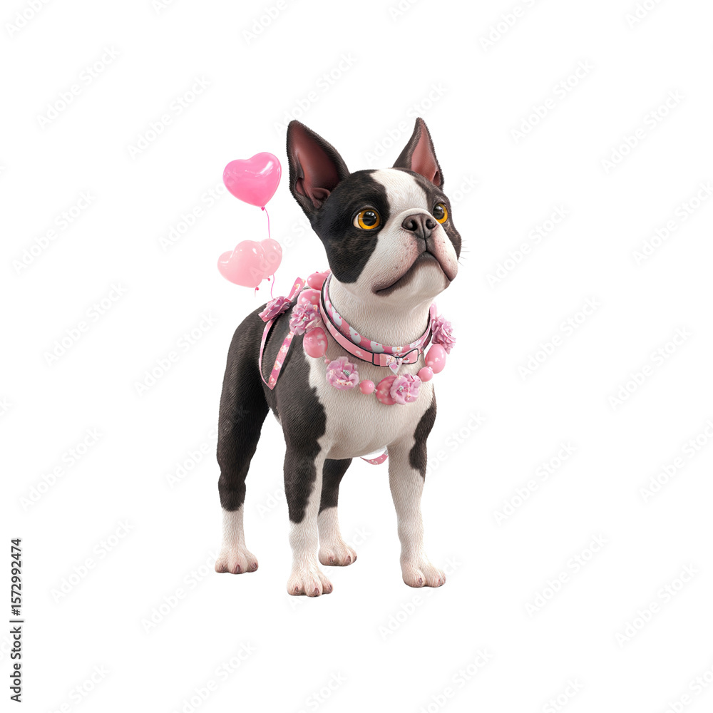Adorable Boston Terrier Puppy with Pink Heart Balloons and Accessories Adorable Boston Terrier Puppy with Pink Heart Balloons and Accessories