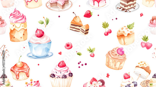 ice cream seamless pattern, Watercolor Sweet desserts pattern on white background