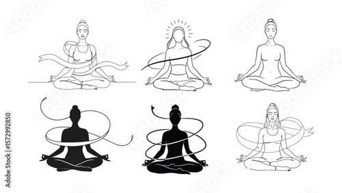 Yoga Meditation Woman Vector Silhouette and Line Art Pose Collection with Ribbon Flow and Spiritual Energy Spiral .