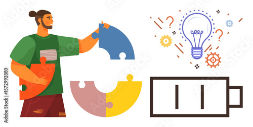 Man fitting puzzle pieces, lightbulb symbolizing ideas or innovation, low battery for energy depletion. Ideal for teamwork, problem-solving, innovation, creativity, productivity, brainstorming