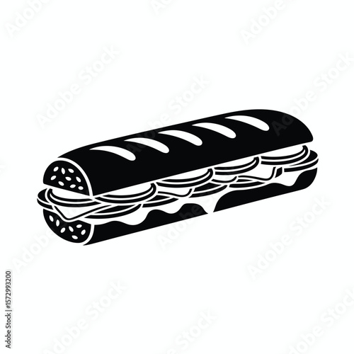 Black and white silhouette of a delicious layered sub sandwich with cheese and meat