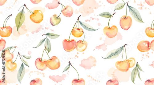 Watercolor yellow cherries on white background seamless vector pattern