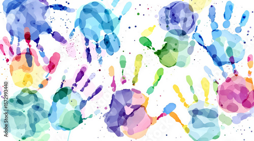 Gentle watercolor handprints in various hues merging together, evoking feelings of connection, inclusivity, and cheerful creative exploration