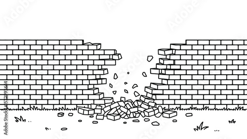 Cartoon illustration of a brick wall with a large hole in the center