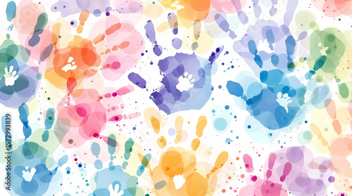 Bright watercolor handprints overlapping in playful harmony, symbolizing creativity, diversity, and joyful expression through colorful abstract shapes