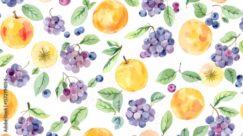 Watercolor Fruit Pattern With Apples Grapes Peaches And Berries For Background Design