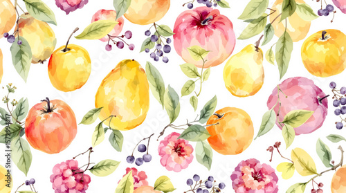 Vibrant watercolor fruits pattern featuring apples pineapple kiwi and blueberries