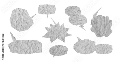 Wrinkled paper speech bubbles set. Abstract vector design for social dialog, cartoon talk, memo, or zine art. Dirty ripped craft cardboard edges ideal for poster or label background.