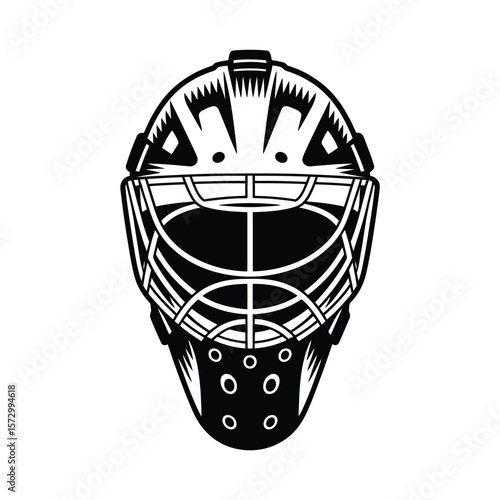 Black and white graphic illustration of a hockey goalie mask