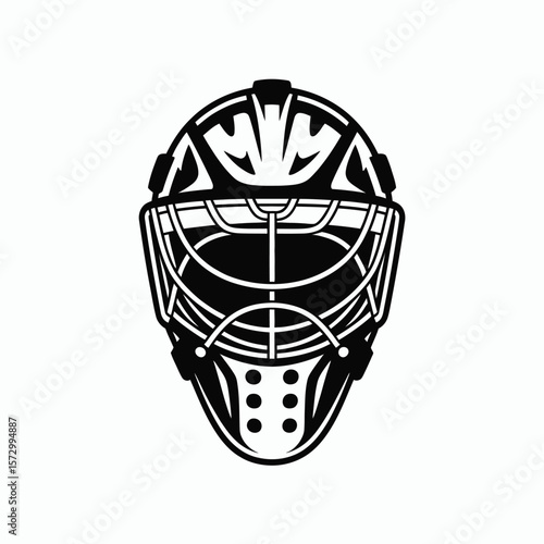 Black and white illustration of a hockey goalie mask on a white background
