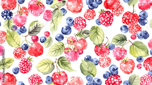 Watercolor Colorful Berry Pattern With Raspberries, Blueberries, And Green Leaves For Food Design

